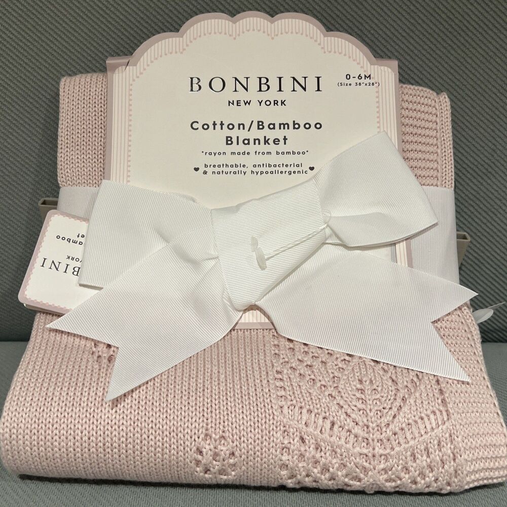 Bonbini Baby Crib Blanket Pink Knitted Cotton & Rayon Blend Crochet Like Design